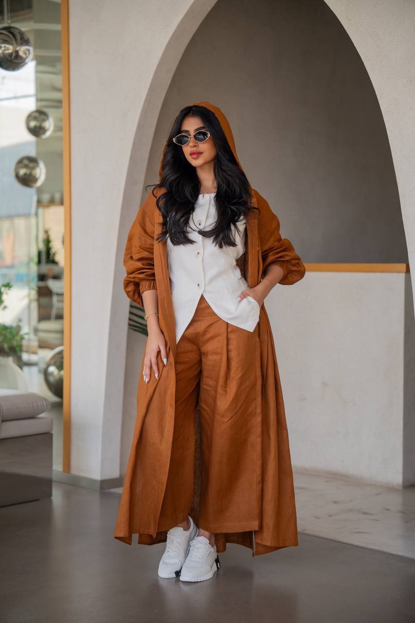Free size linen abaya in camel color, with inner set C:6634 (Free size)