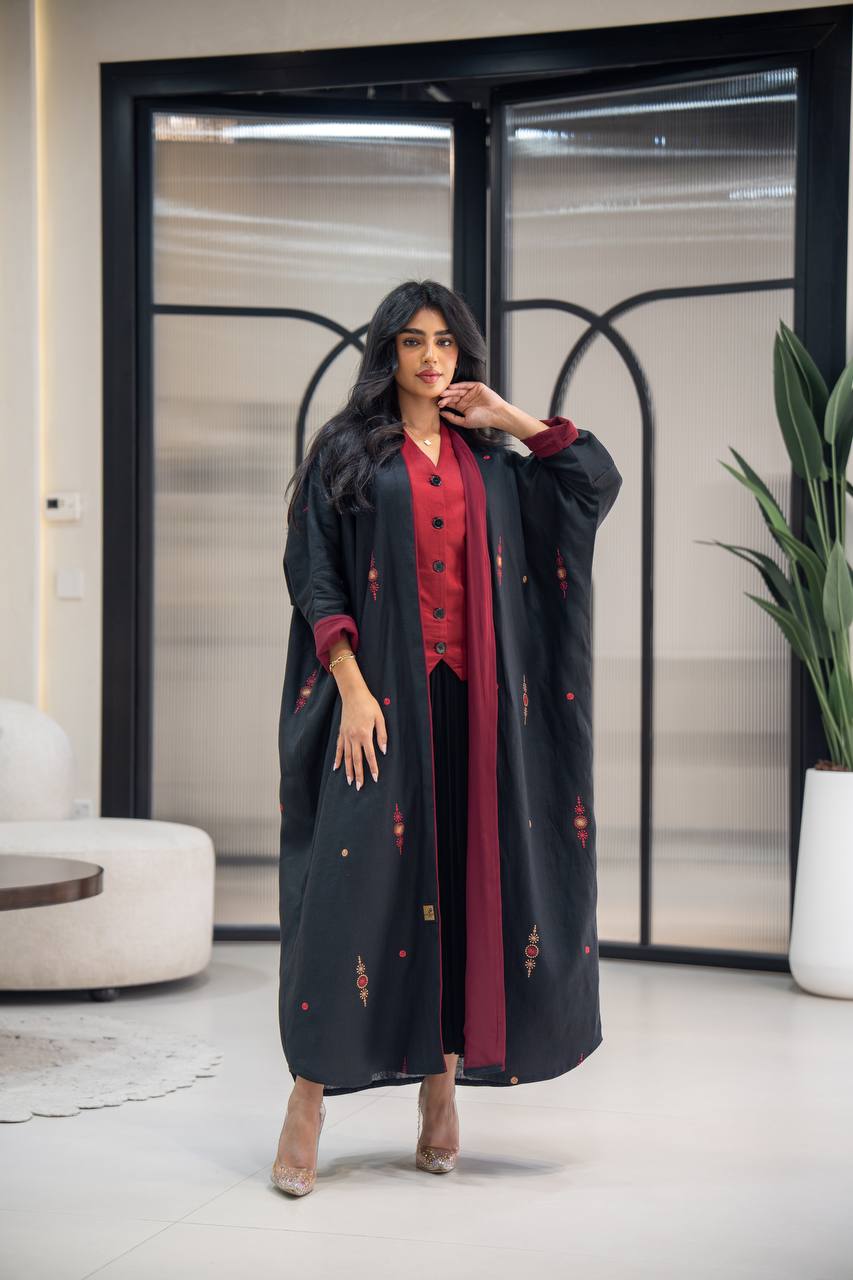 Black linen abaya with embroidery C:6622 Black (Free size)