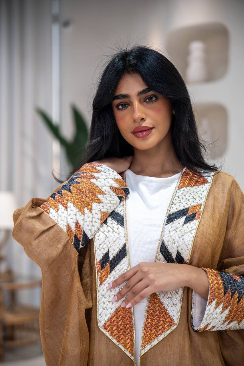 Camel-colored burlap bisht abaya with embroidery C:6621 (Free size)