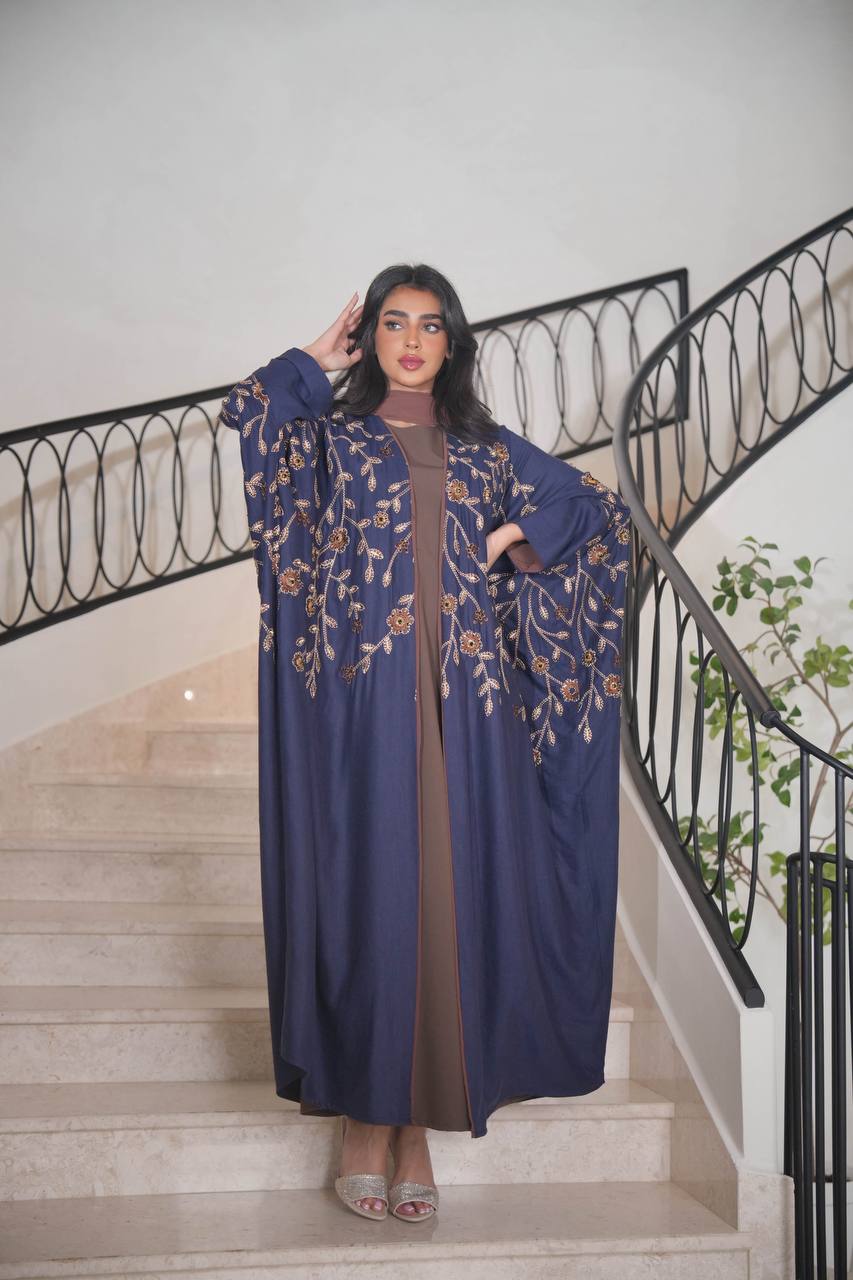 Navy Linen Bisht with Embroidery C:6595 (Free size)