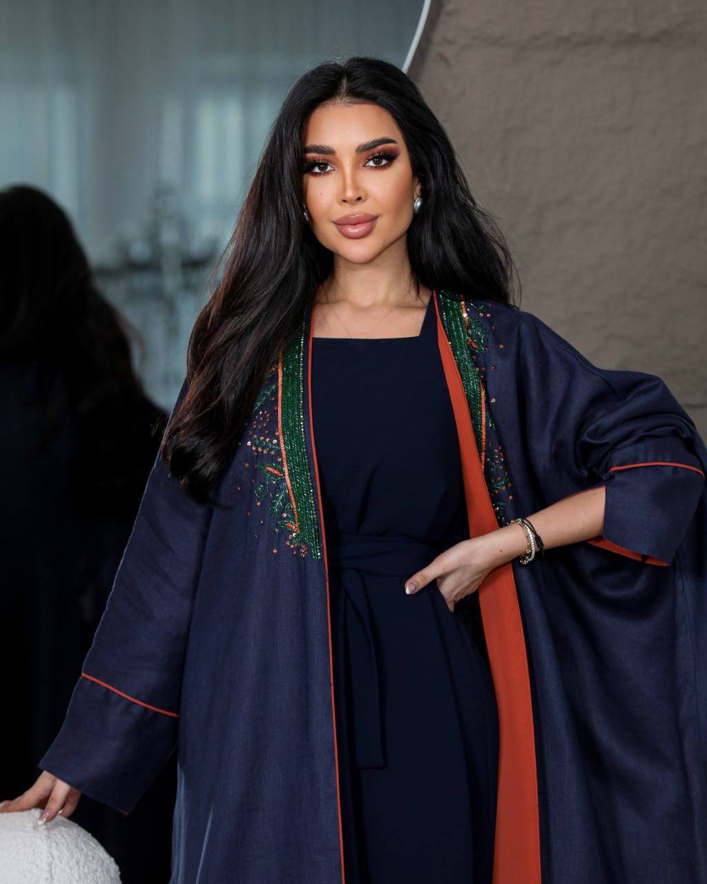 ABAYA BESHT LINEN WITH HANDMADE BEAT C:6439 (FREE SIZE)