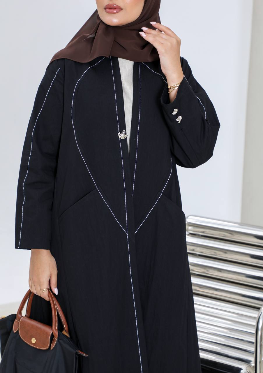 Black trench coat with white embroidery details C:6655