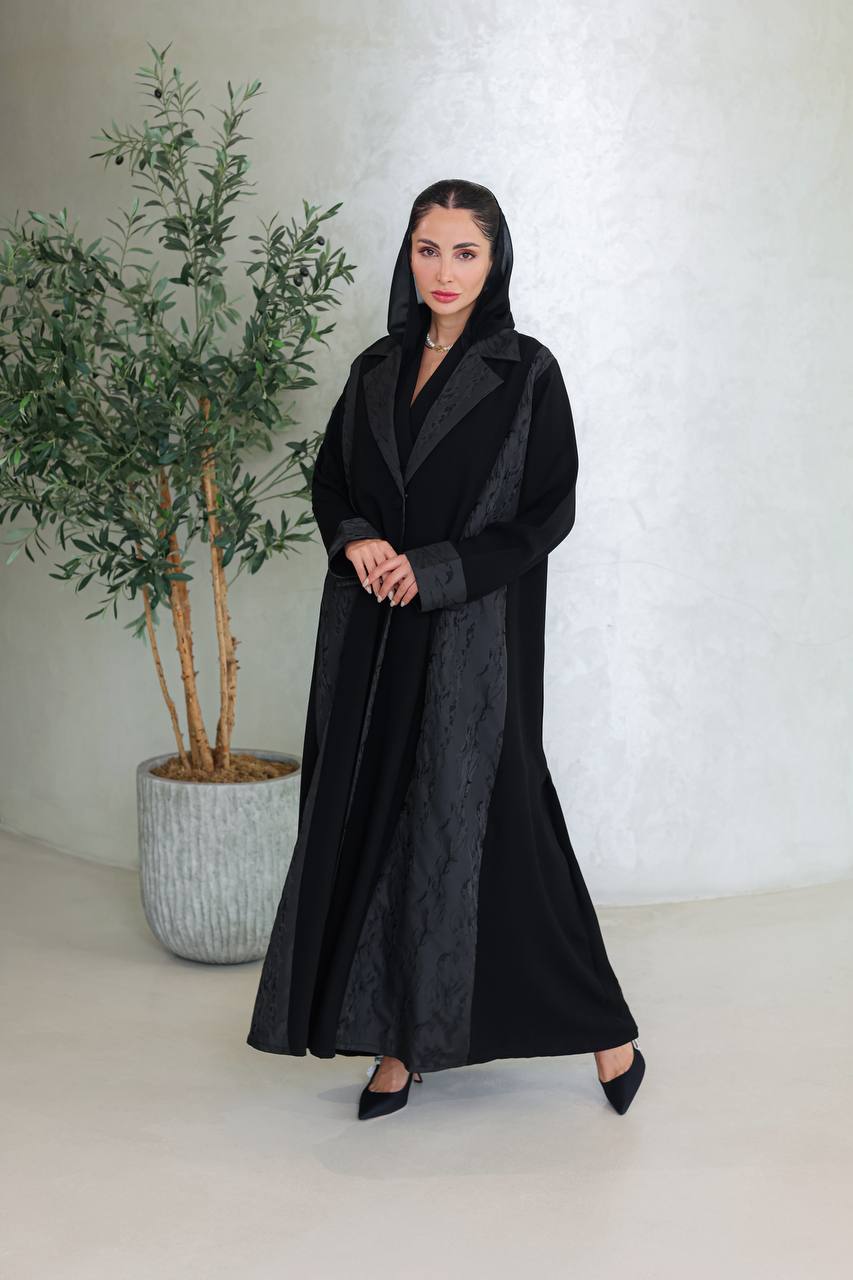 Black crepe abaya with jacquard.C:6670