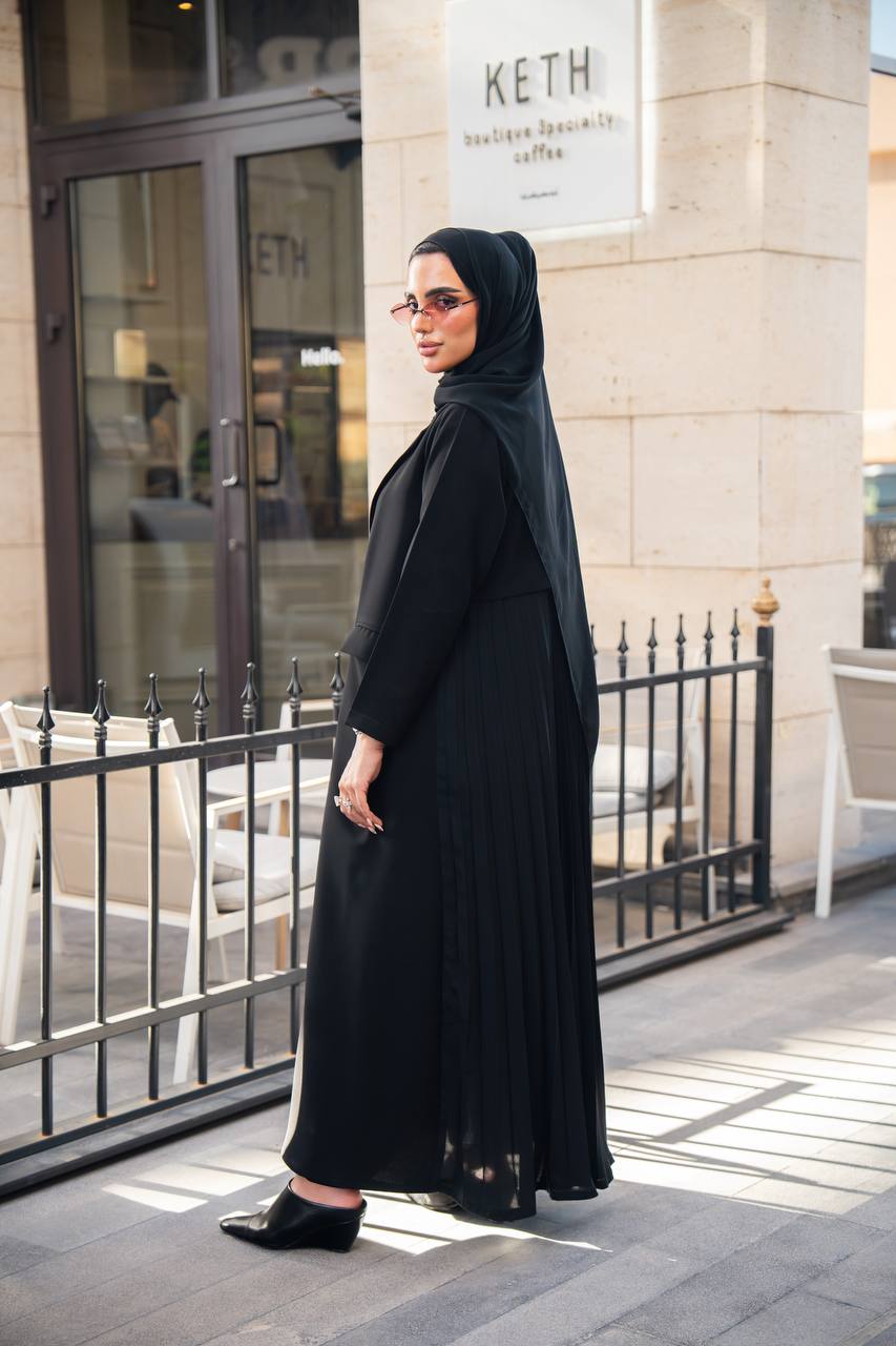 Black crepe blazer abaya with pleated cloche C:6680