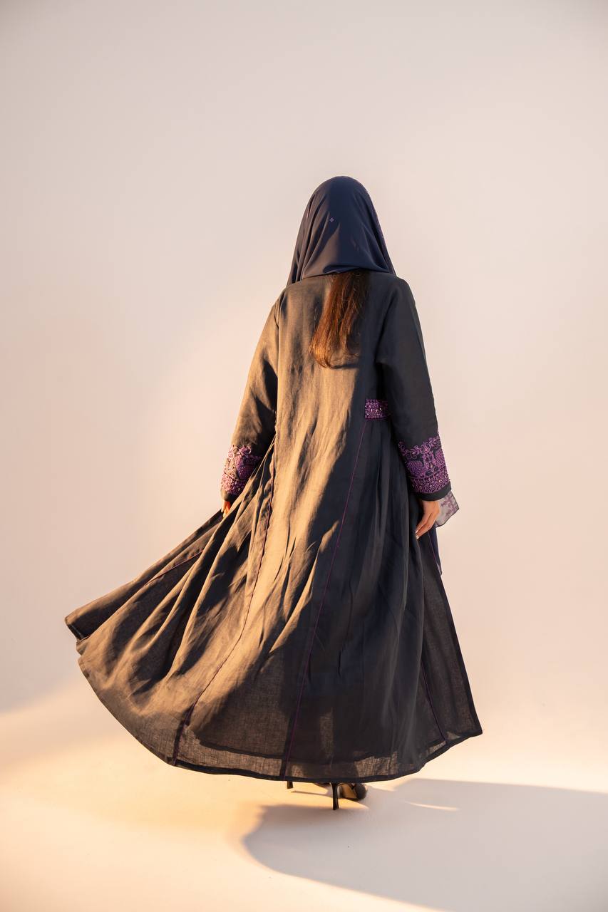 Navy blue linen abaya with purple embroidery. C:6691