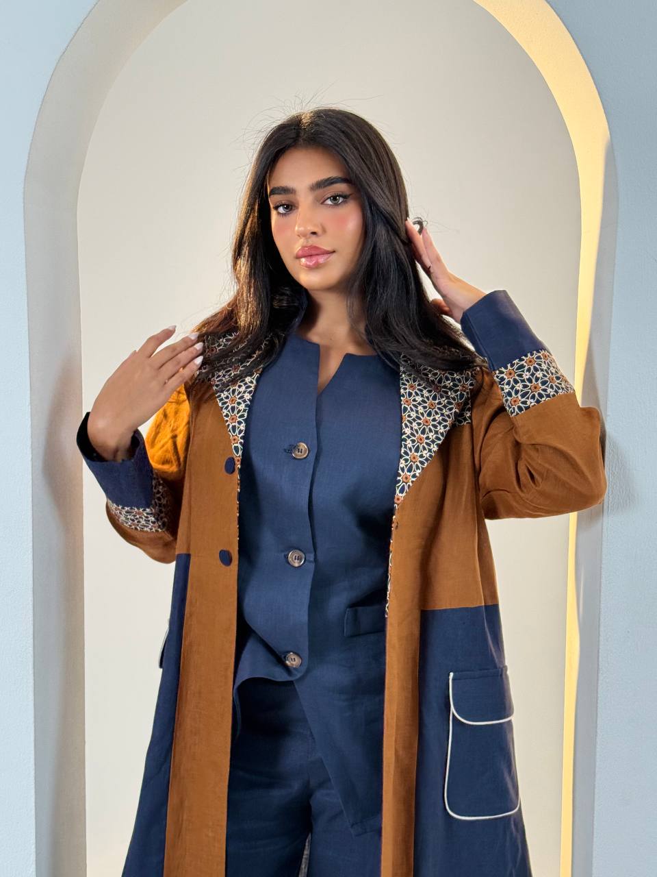 Camel and navy linen abaya with embroidery.C:6692