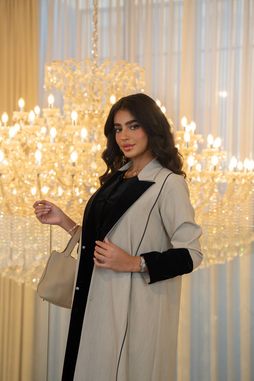 Beige crepe abaya with black velvet.C:6704