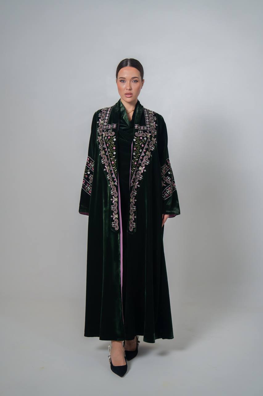 Embroidered velvet abaya, olive green. C:6708