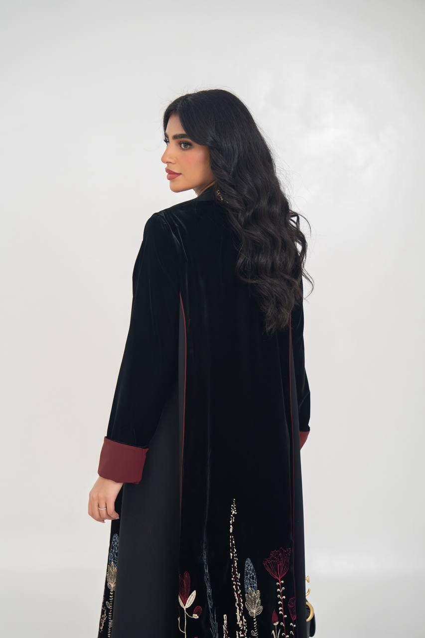 Black velvet blazer abaya with embroidery. C:6712