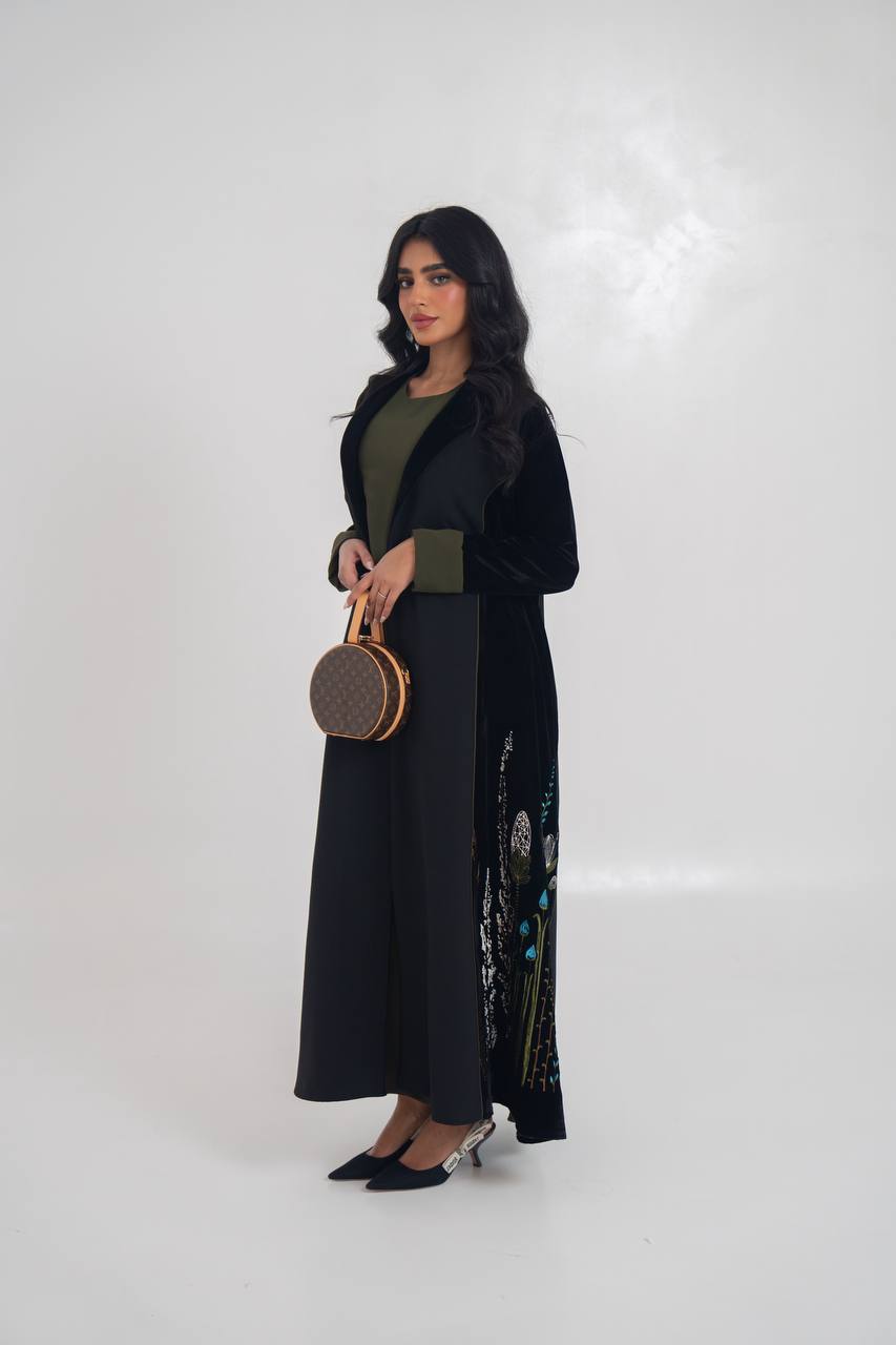Velvet blazer abaya with crepe and embroidery. C:6711