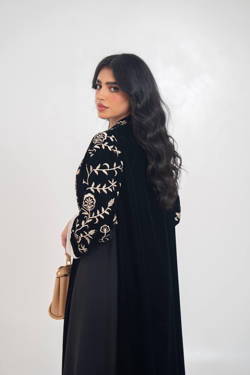 Black velvet abaya with embroidery. C:6710