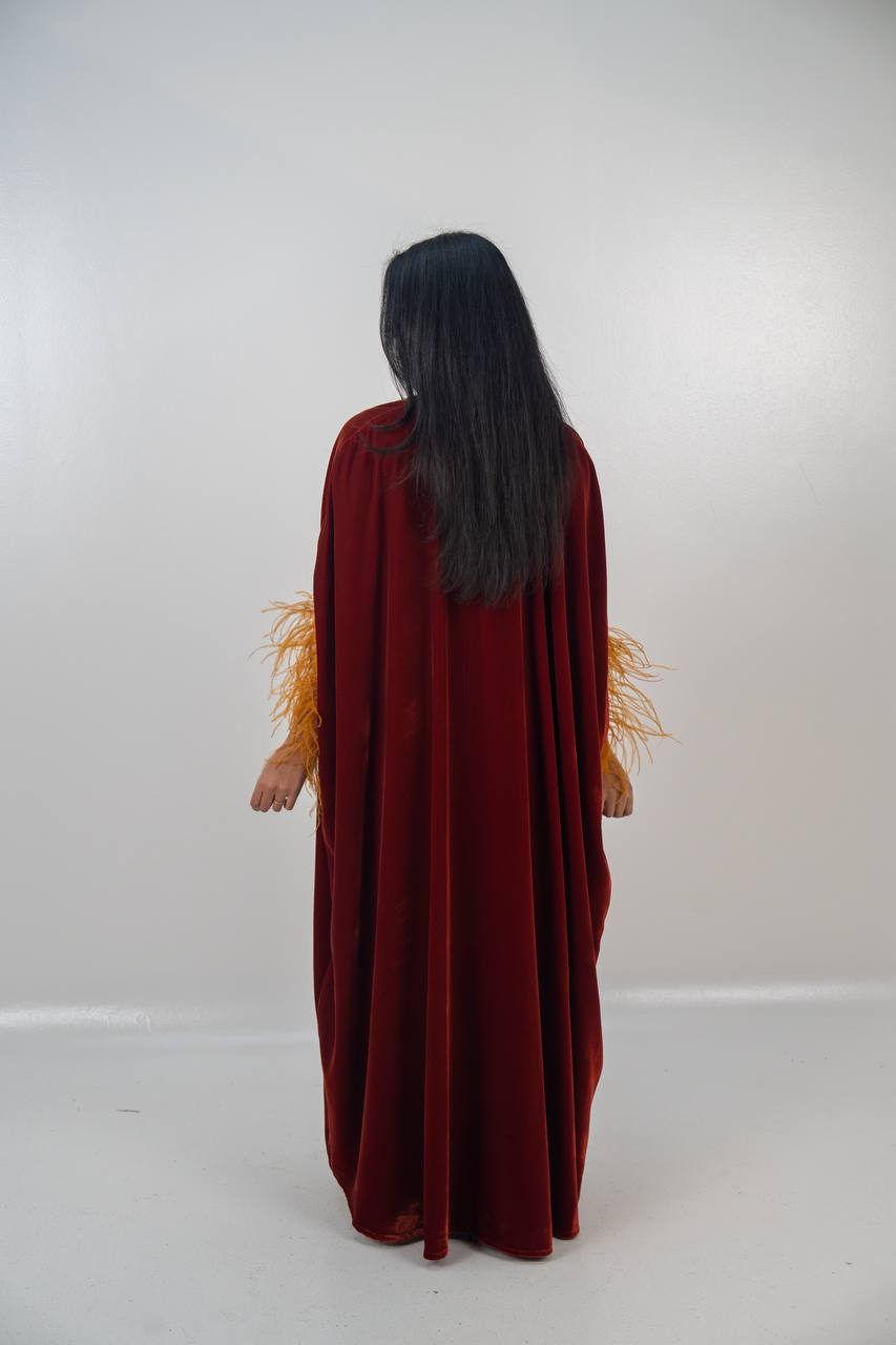 Bisht and dress set in burgundy velvet with hand embellishment.C:6714