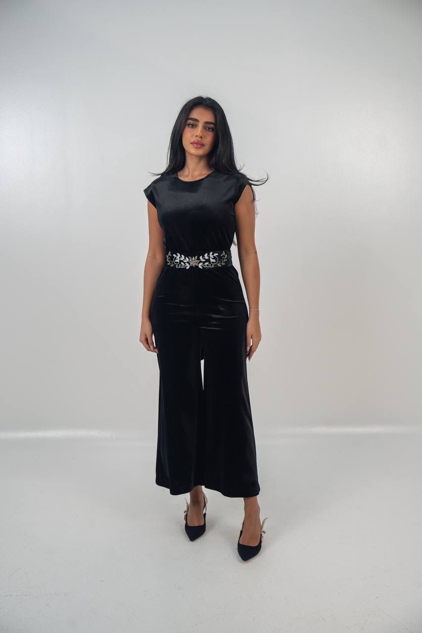 Velvet bisht and jumpsuit set in black with hand embellishment.C:6719