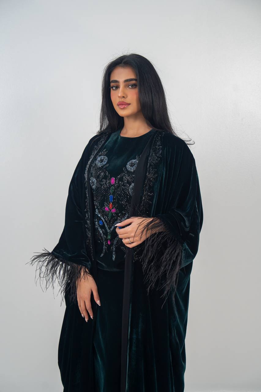 A set of bisht and dress, velvet in olive green with hand embroidery..C:6716