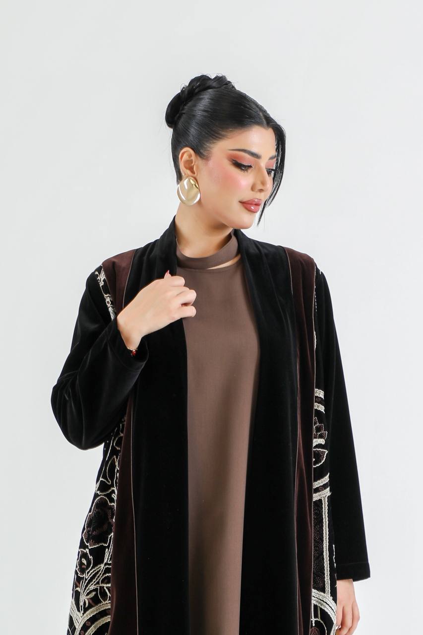 Black and brown velvet abaya with embroidery. C:6725