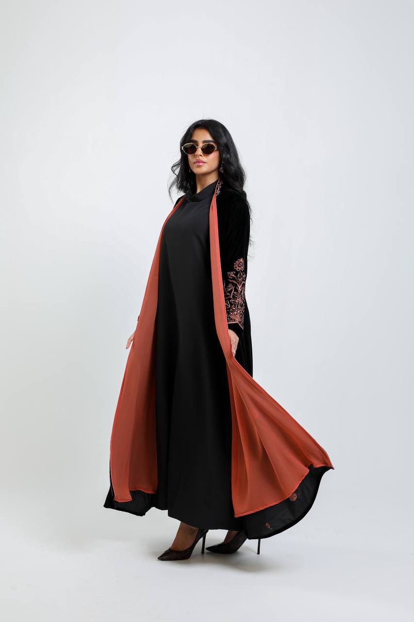 Black velvet abaya with orange embroidery. C:6721