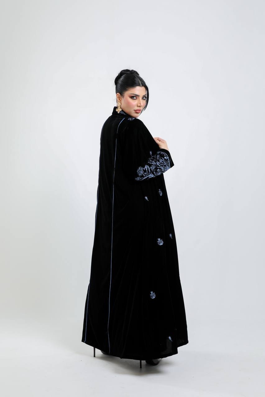 Black velvet abaya with blue embroidery. C:6721 Blue