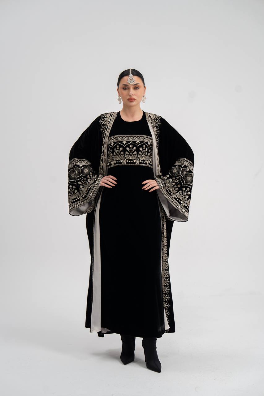 Black velvet abaya with embroidery. C:6744