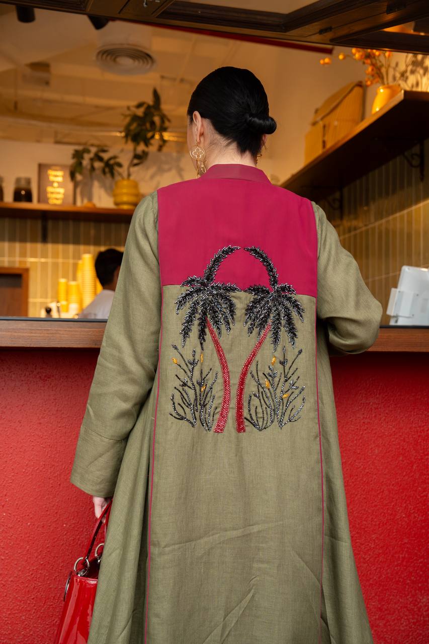 Linen abaya in olive green with hand embroidery. C:6748