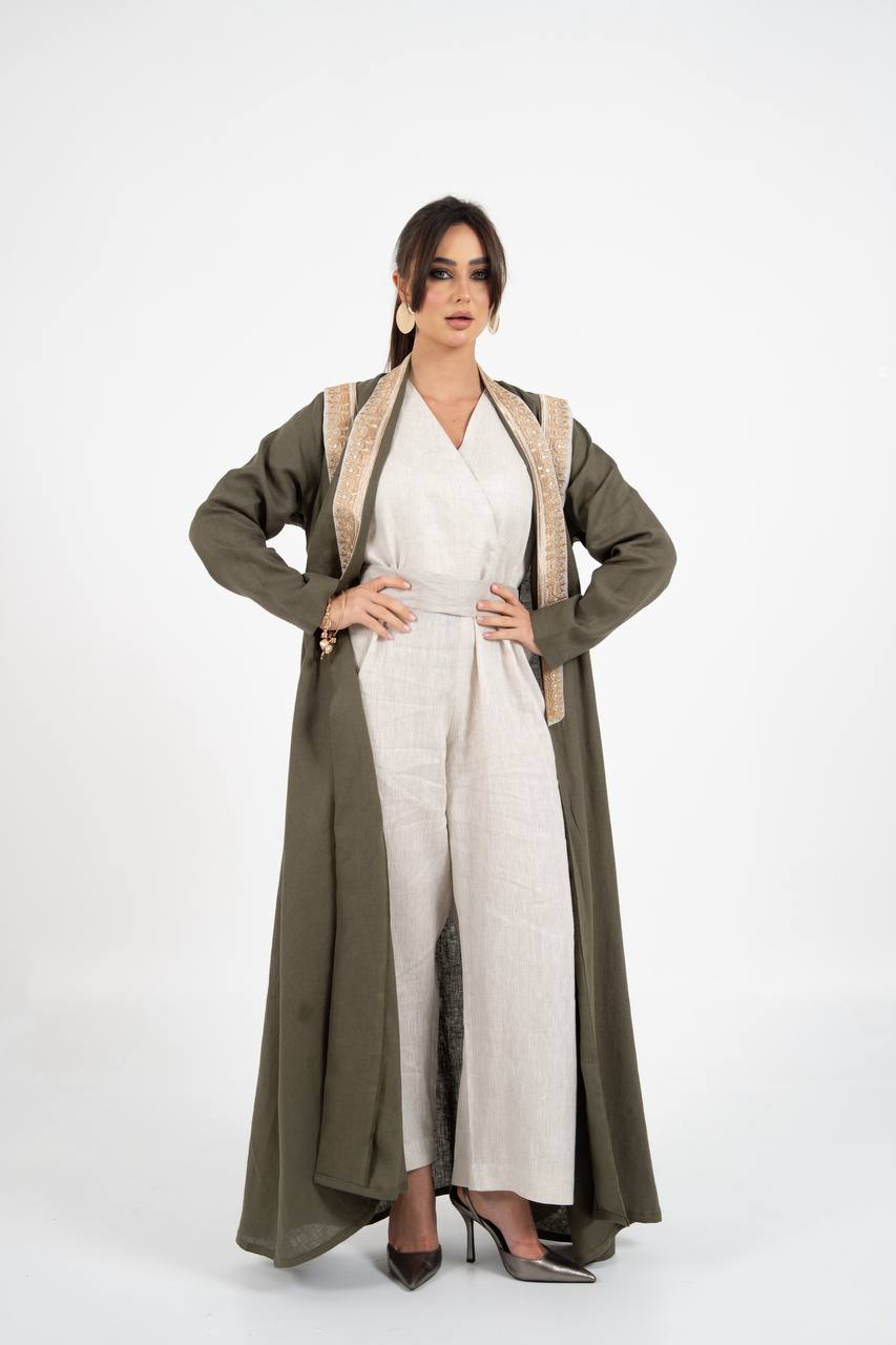 Linen abaya in olive green with embroidery. C:6762