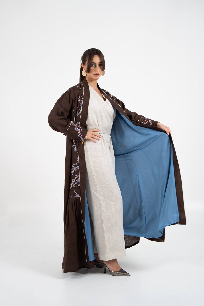 Linen abaya in brown with embroidery. C:6760