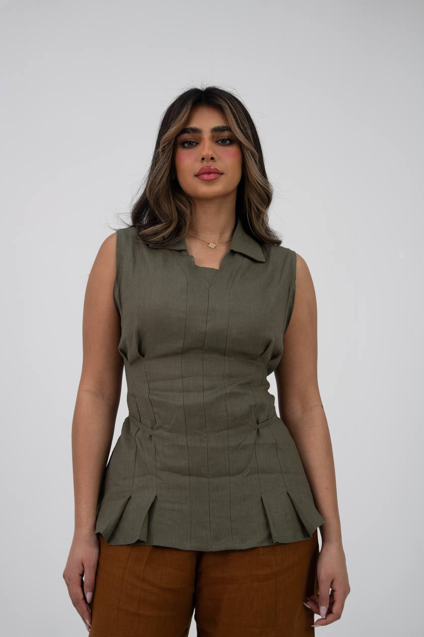Linen blouse and pants set. C:229 Green/Camal