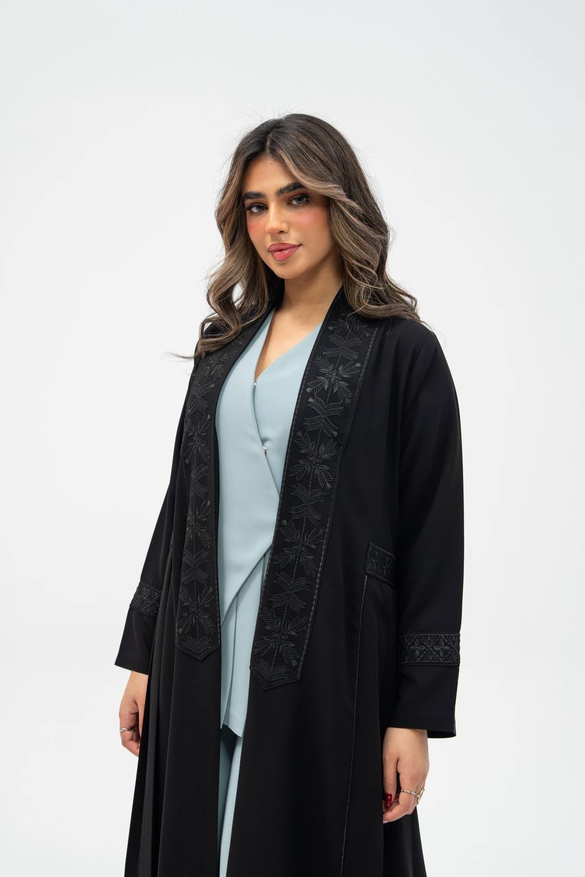 Black crepe abaya with hand-stitched details.C:6700 black crepe