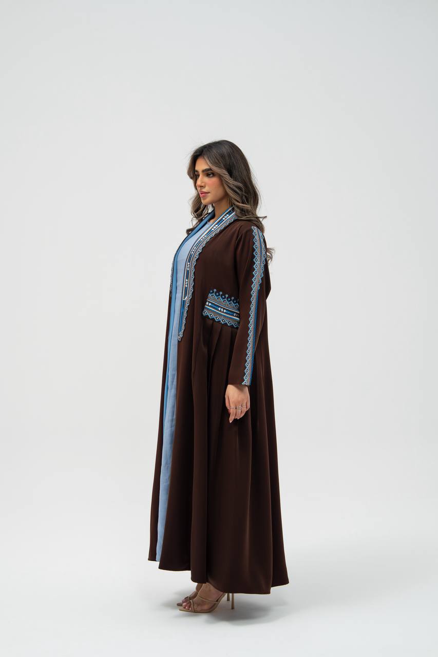 Brown crepe fabric abaya with embroidery. C: 6702 brown crepe