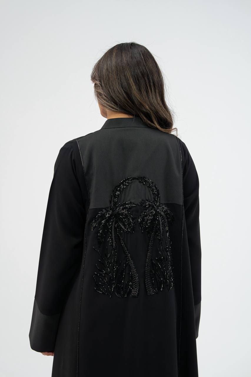 Black crepe abaya with hand-stitched details. C:6748 black.  crepe