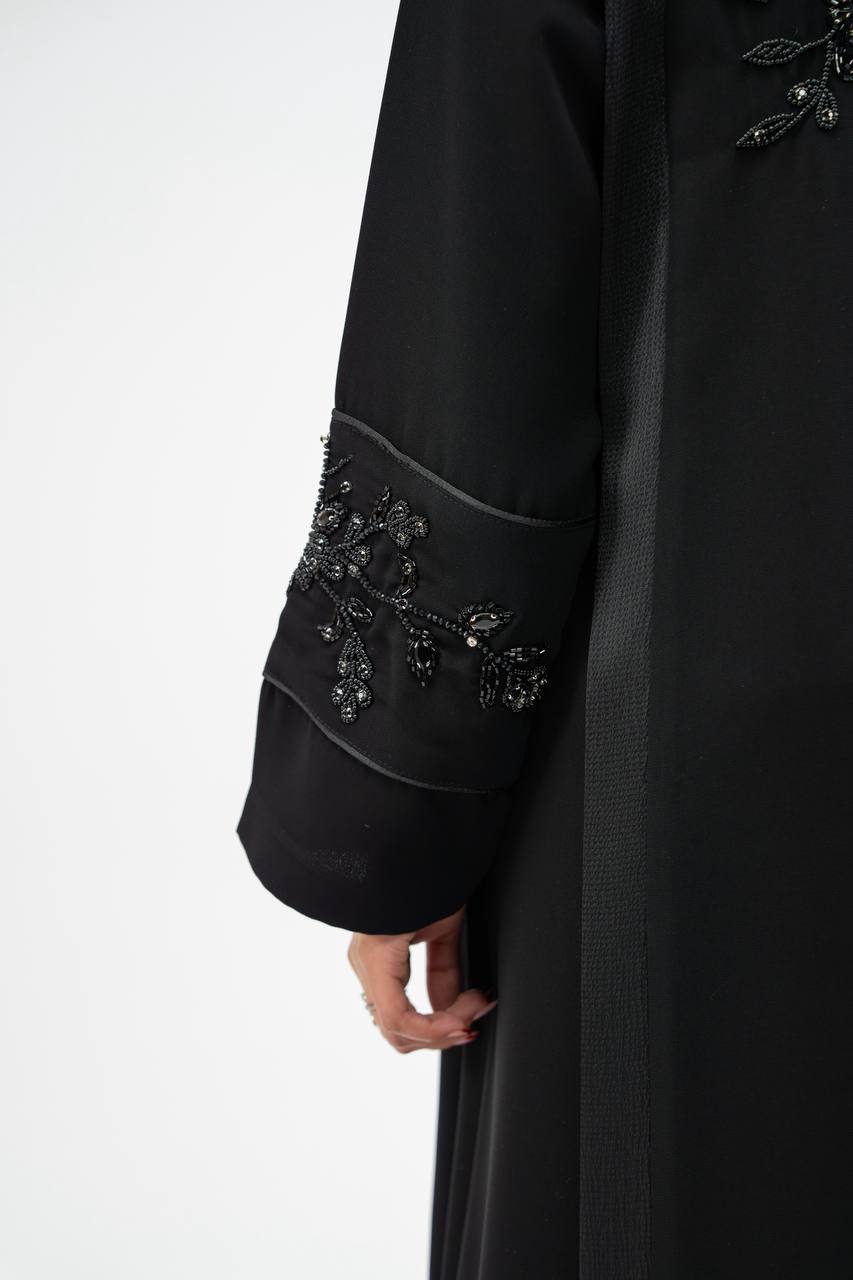 Black crepe fabric abaya with satin. C: 6755 black crepe