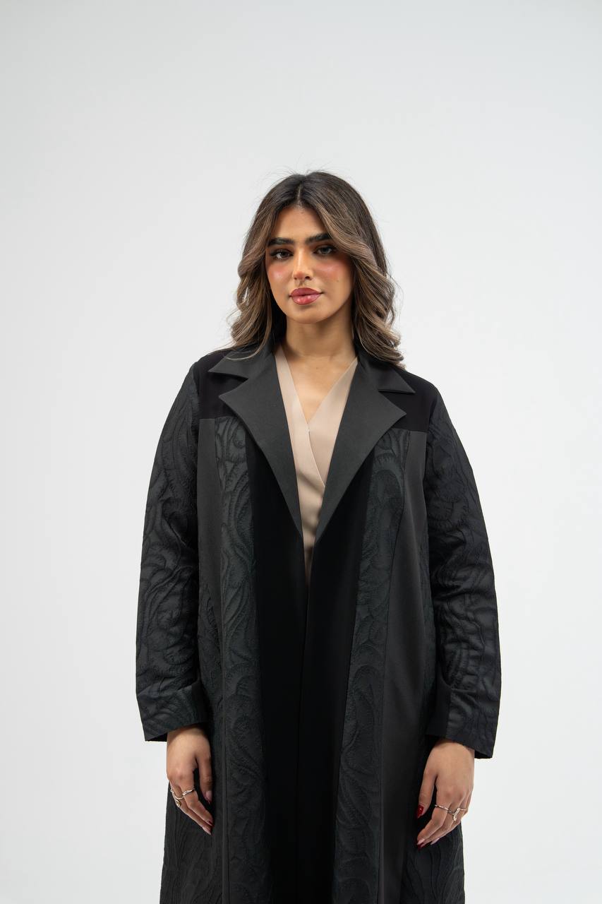 Black crepe abaya with jacquard detailin.  C:6775