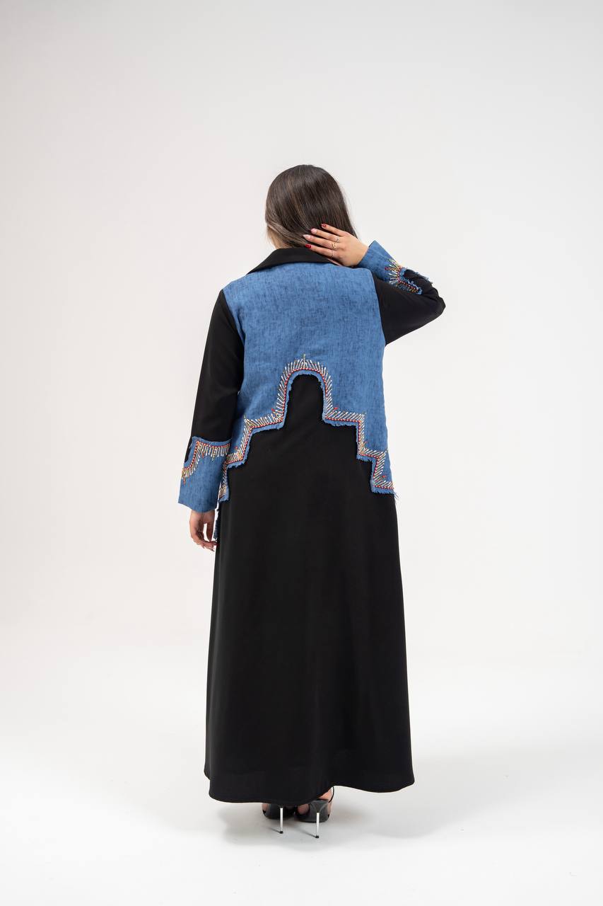 Black crepe blazer abaya with hand-stitched details. C:6771