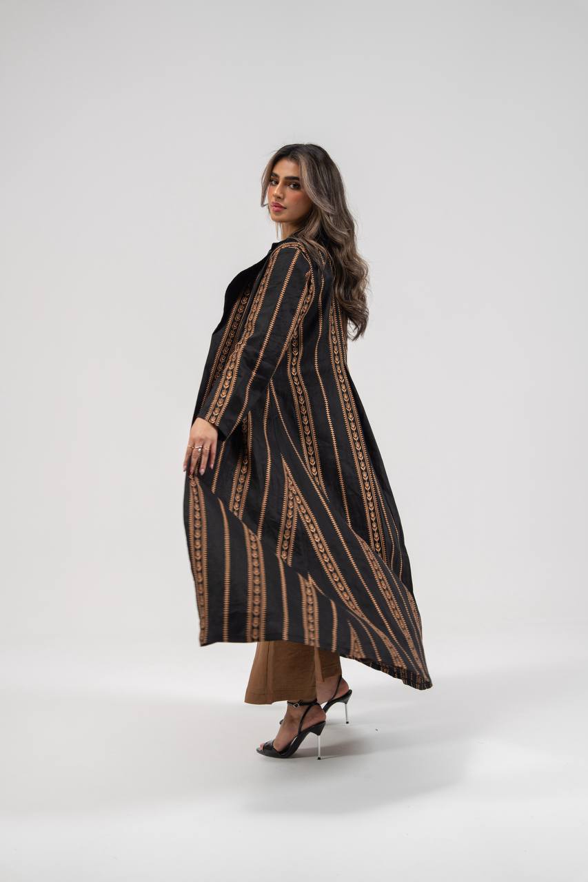 Linen abaya in black with embroidery. C:6764