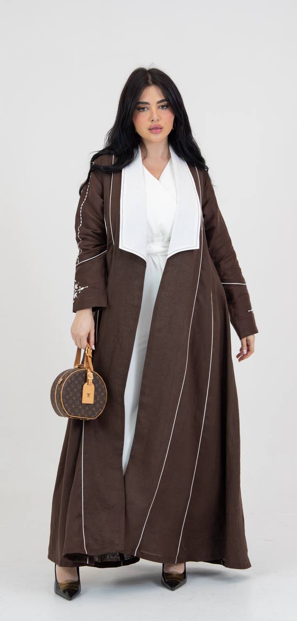 Linen abaya in brown with embroidery. C:6782