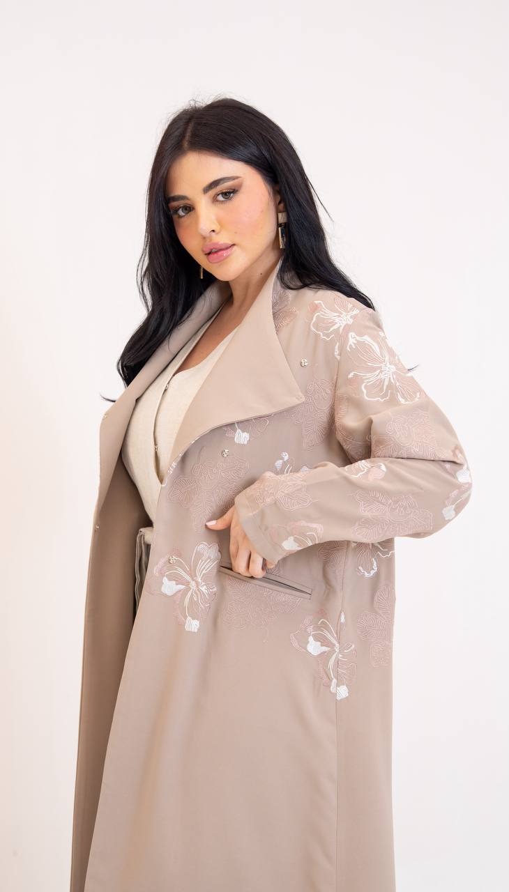 Beige crepe abaya with embroidery.C:6765