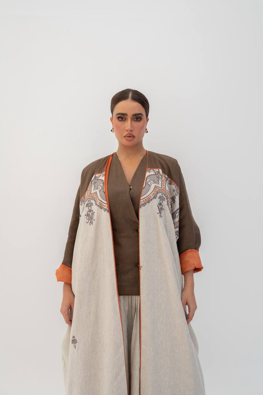 Beige linen abaya with embroidery. C:6785