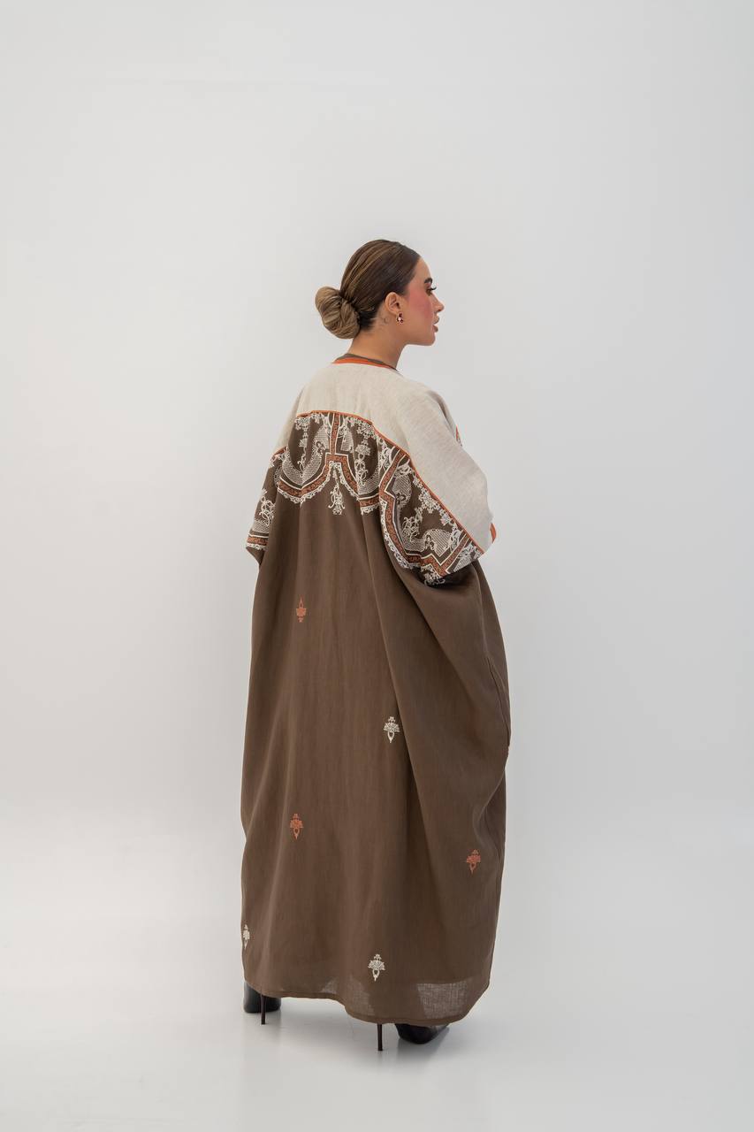 Brown linen abaya with embroidery. C:6785