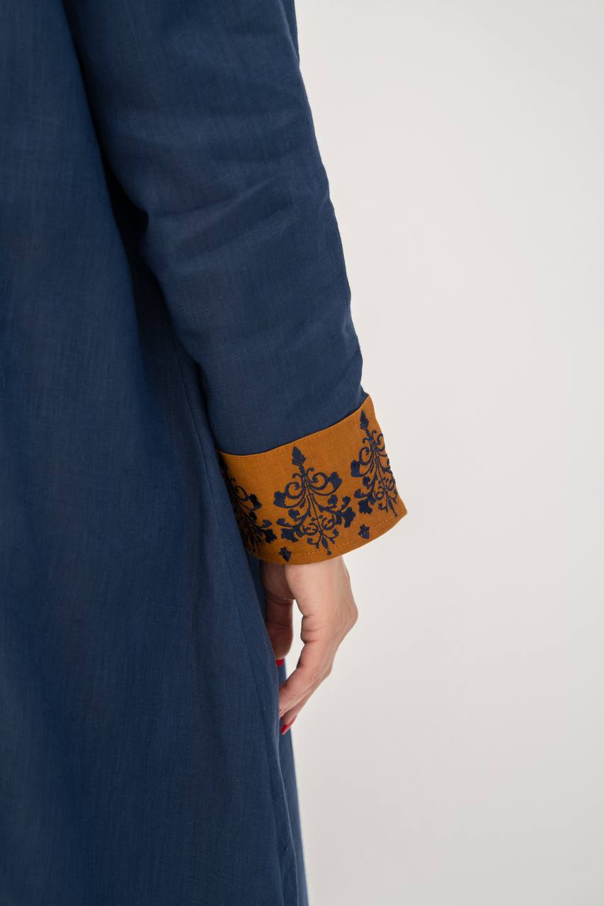 Linen abaya in navy blue with embroidery.C:6783