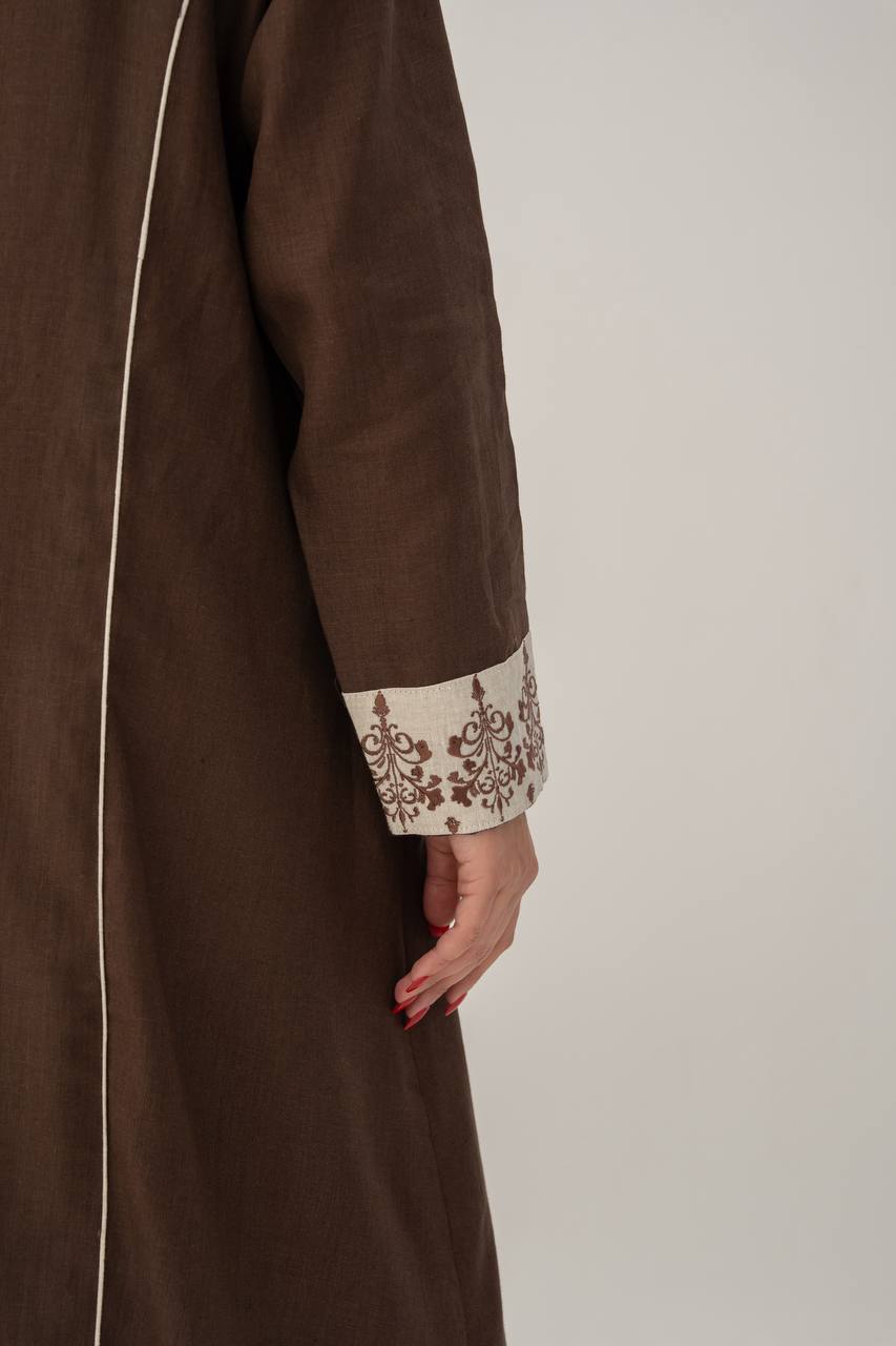 Linen abaya in brown with embroidery.C:6783 Brown