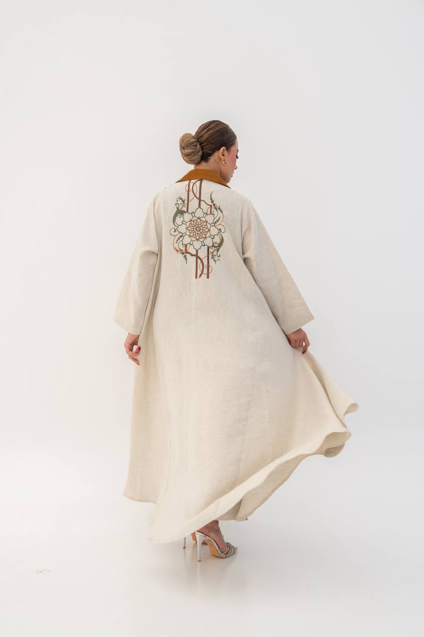 Beige linen abaya with embroidery. C:6787
