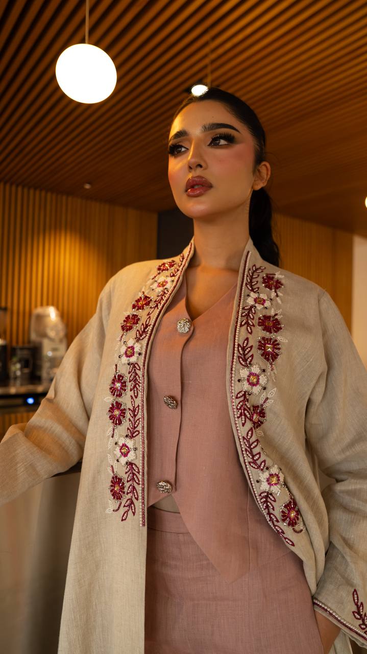 Linen abaya in beige with hand embroidery and beading. C:6791