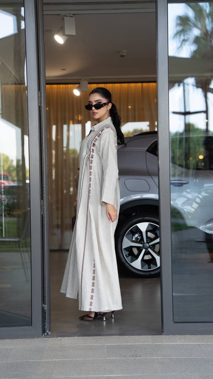 Beige linen abaya with embroidery. C:6683