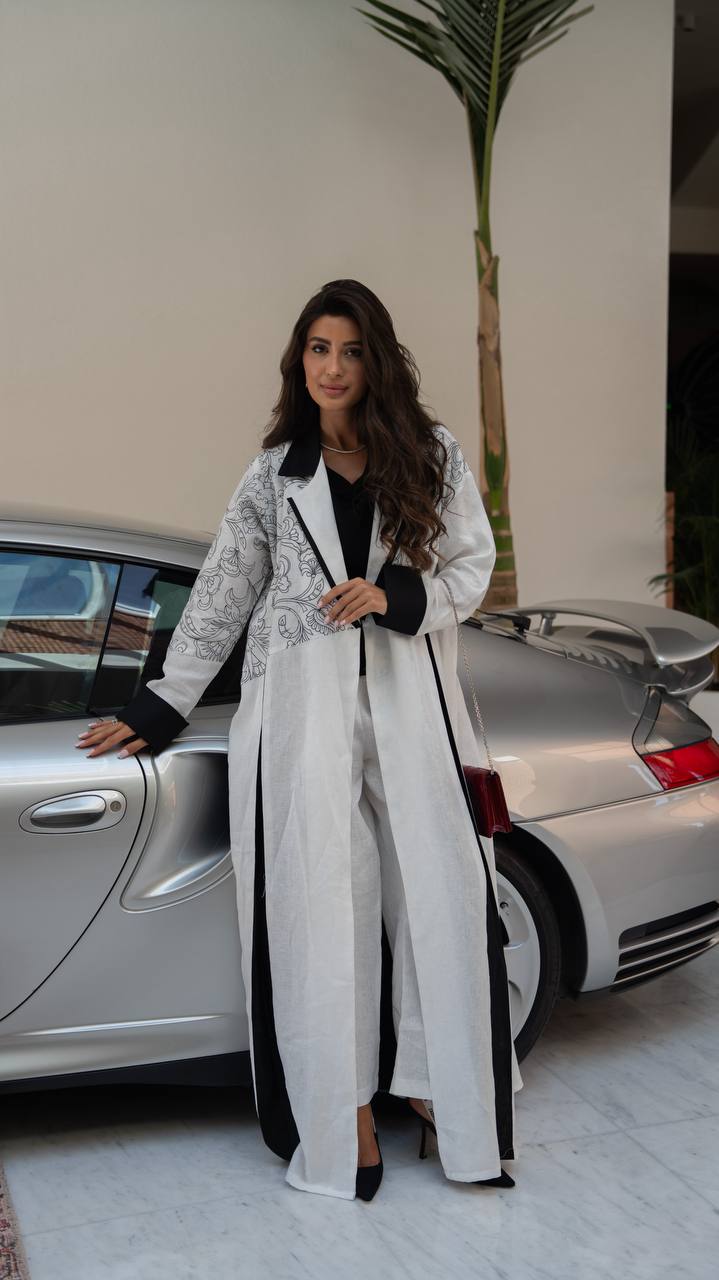White linen blazer abaya with embroidery.C:6793