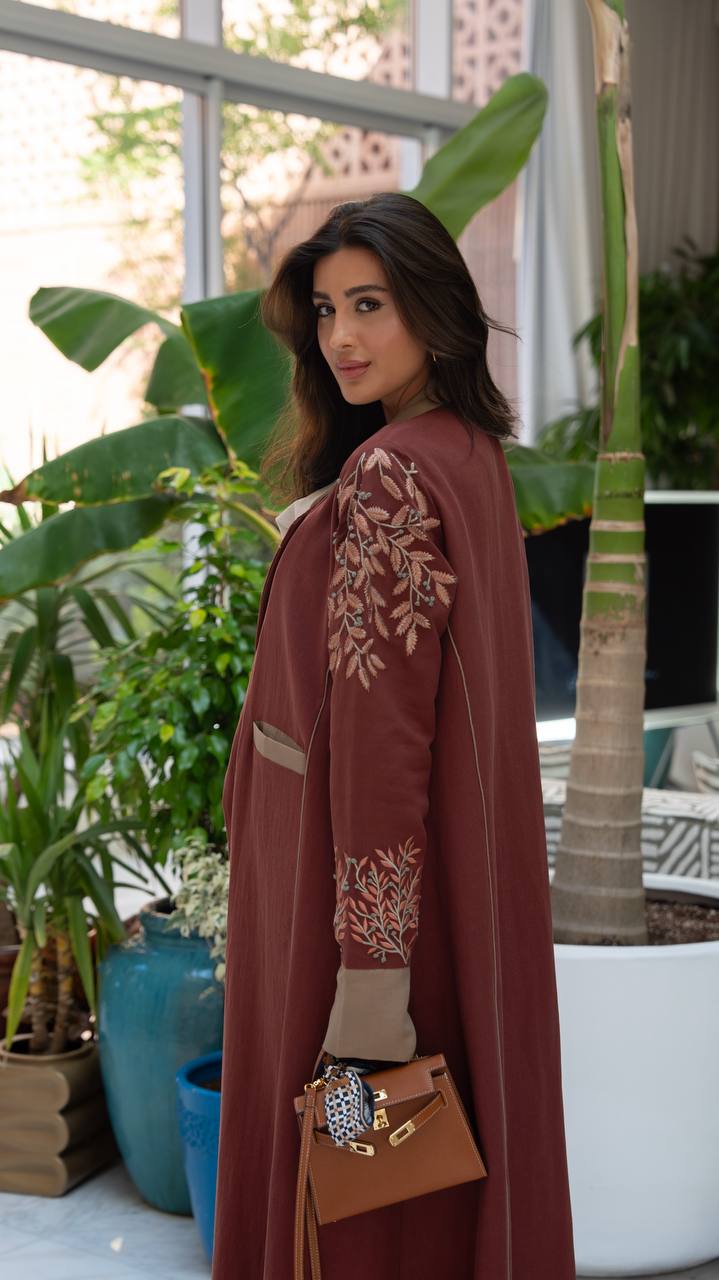 Burgundy linen blazer abaya with embroidery.C:6797