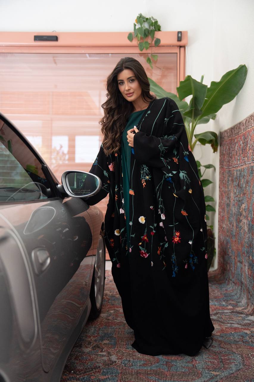 Black linen abaya with embroidery.C:6802