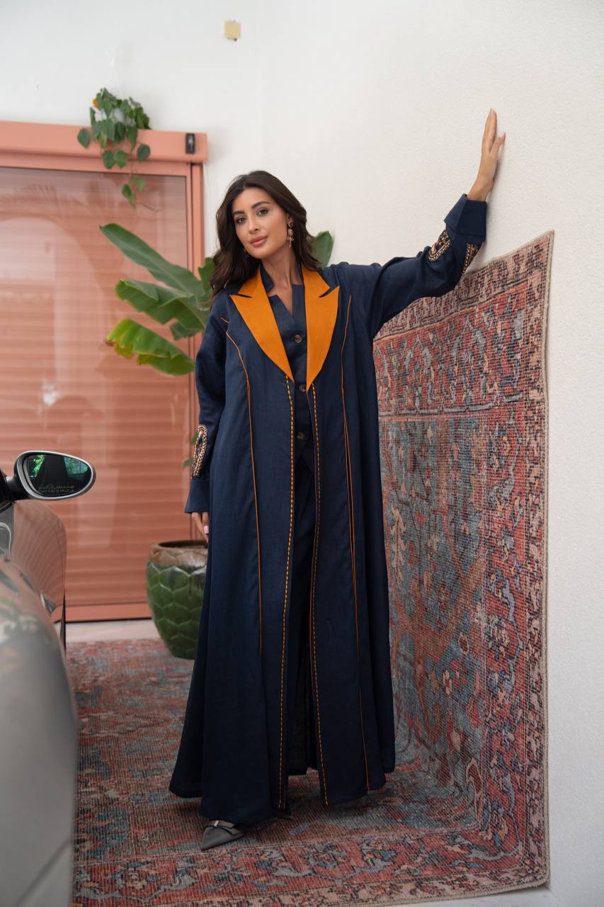 Navy blue linen blazer abaya with hand-stitched details.C:6804