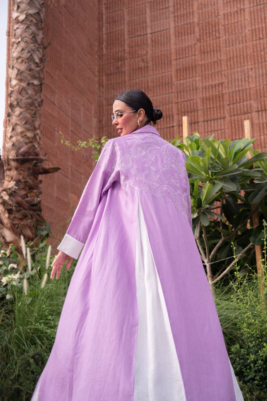 Purple linen blazer abaya with embroidery. C:6793