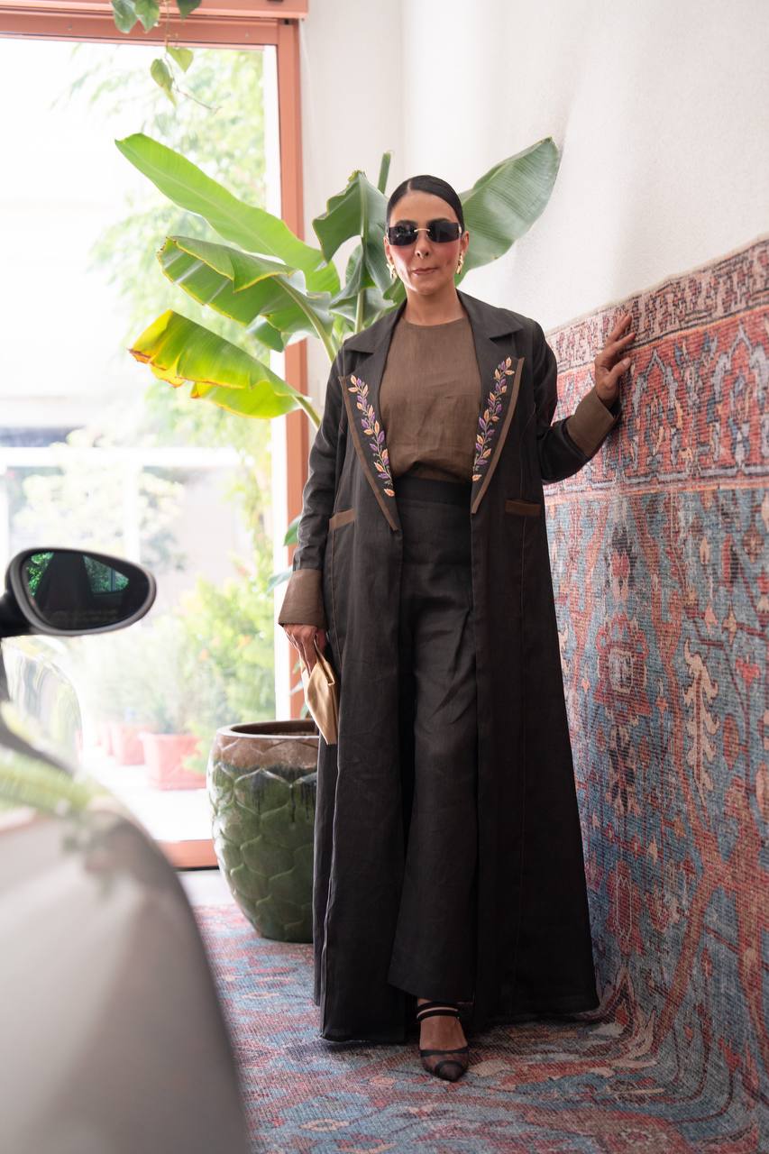 Black linen blazer abaya with embroidery.C:6806