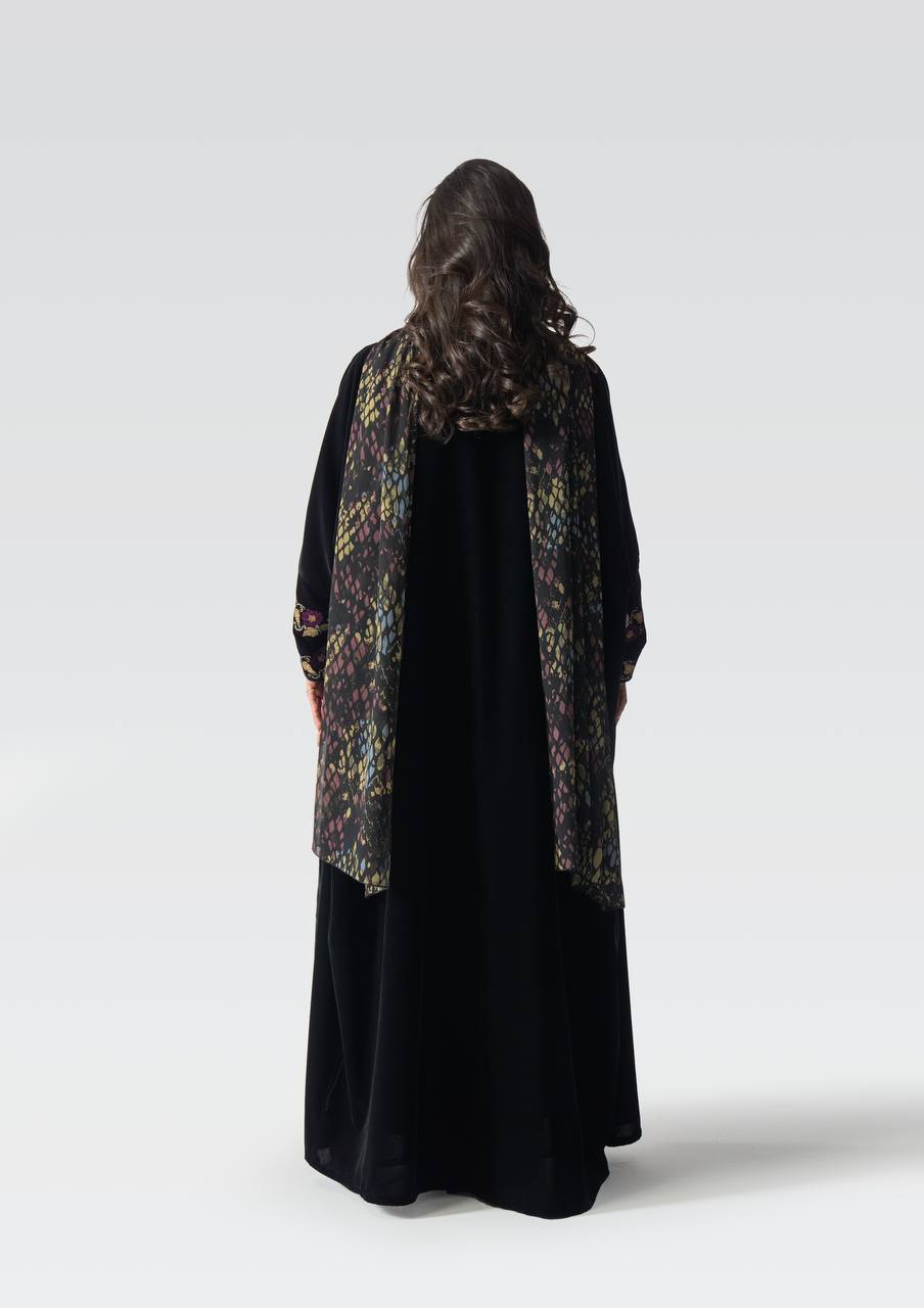 Black velvet bisht with embroidery.C:6833