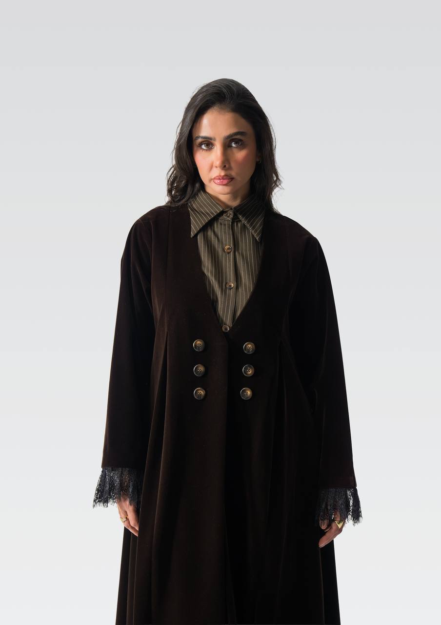 Velvet abaya with striped crepe and lace.C:6837